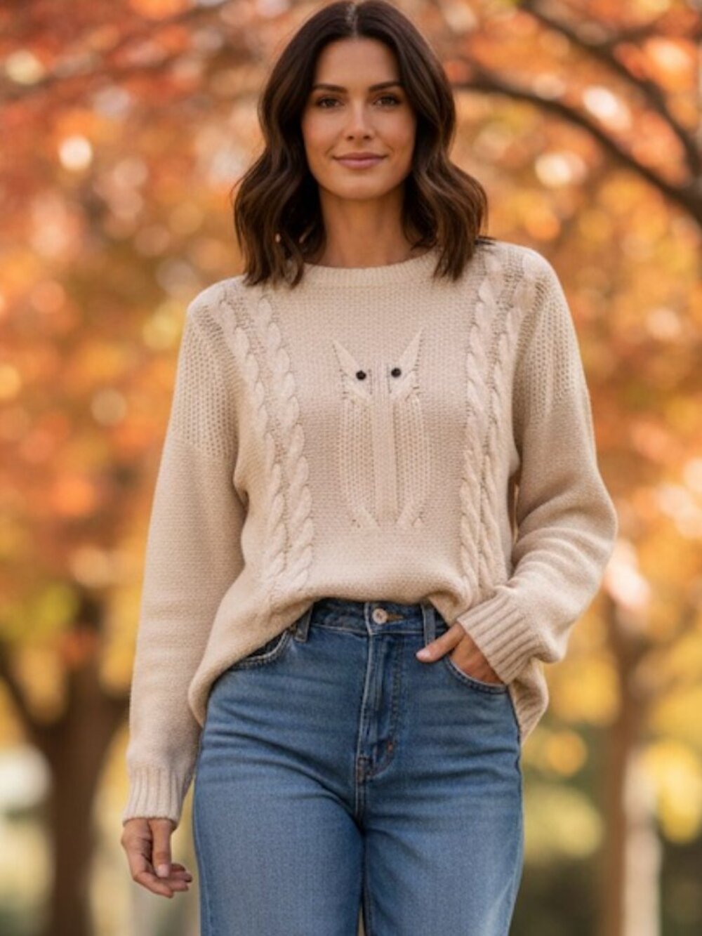 Pim + Larkin Owl Cable Knit Sweater Medium Cream Novelty Pullover, Medium